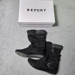Report Womens 7 Elijah Slouch Boots Black Faux Suede Knit Cuff Buckle Straps